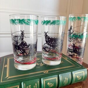 4p Stagecoach Glass Tumblers Highball MCM Barware Green Red Black Horse Carriage